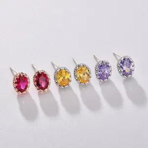 8X6mm Oval Shape Birthstone Gemstone White  Gold / Rose Gold Plated 925 Sterling Silver Halo Stud Post Earrings Jewelry for Women Business Attire