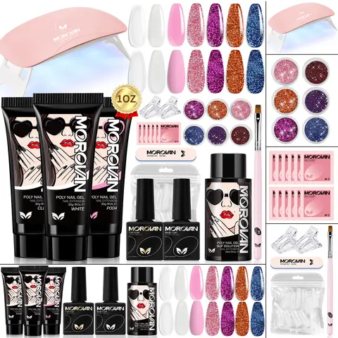 Morovan 1oz (30ml) Large Capacity Poly Nail Care Cosmetic Kit - UV Gel Set for Beginners, Pink Extension Gel, UV Light, Dual Nail Forms, Home DIY All-In-1 Manicure Starter Kit, Valentine Gift for Her