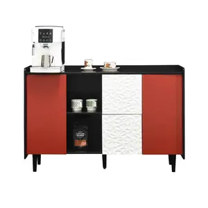 Dreamzon furniture Sideboard Buffet Cabinet, Black Storage Cabinet with Red Doors , 2 Drawers with unique panel styling and 2 Open Storage Compartment, Modern Coffee Bar Cabinet Accent Cabinet for Kitchen, Dining Room,Black+Red