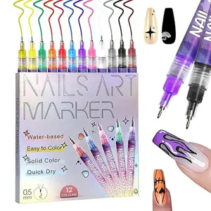 12-Color Fine Tip 0.5mm Nail Art Brush Set, 2026 New Nail Art Markers Polish Pen for 3D Nail Art, Nail Art Tools for Dotting Drawing Painting Point Liner DIY (1 set)