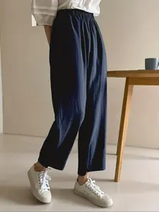 Women's Solid Pocket Elastic Waist Carrot Pants, Casual Trousers for Spring & Fall, Ladies Bottoms for Daily Wear, Casual Fashion Pants