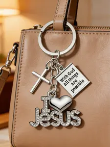 Christian Keychain, Heart Design with Cross Pendant, 'i Love Jesus' & 'with God All Things Are Possible', Fashion Accessory, Unisex