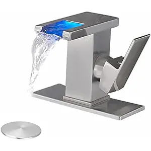 LOOPAN LED Light Bathroom Sink Faucet Brushed Nickel,3 Colors Changing Waterfall Spout, Hot and Cold Water Mixer, Single Handle