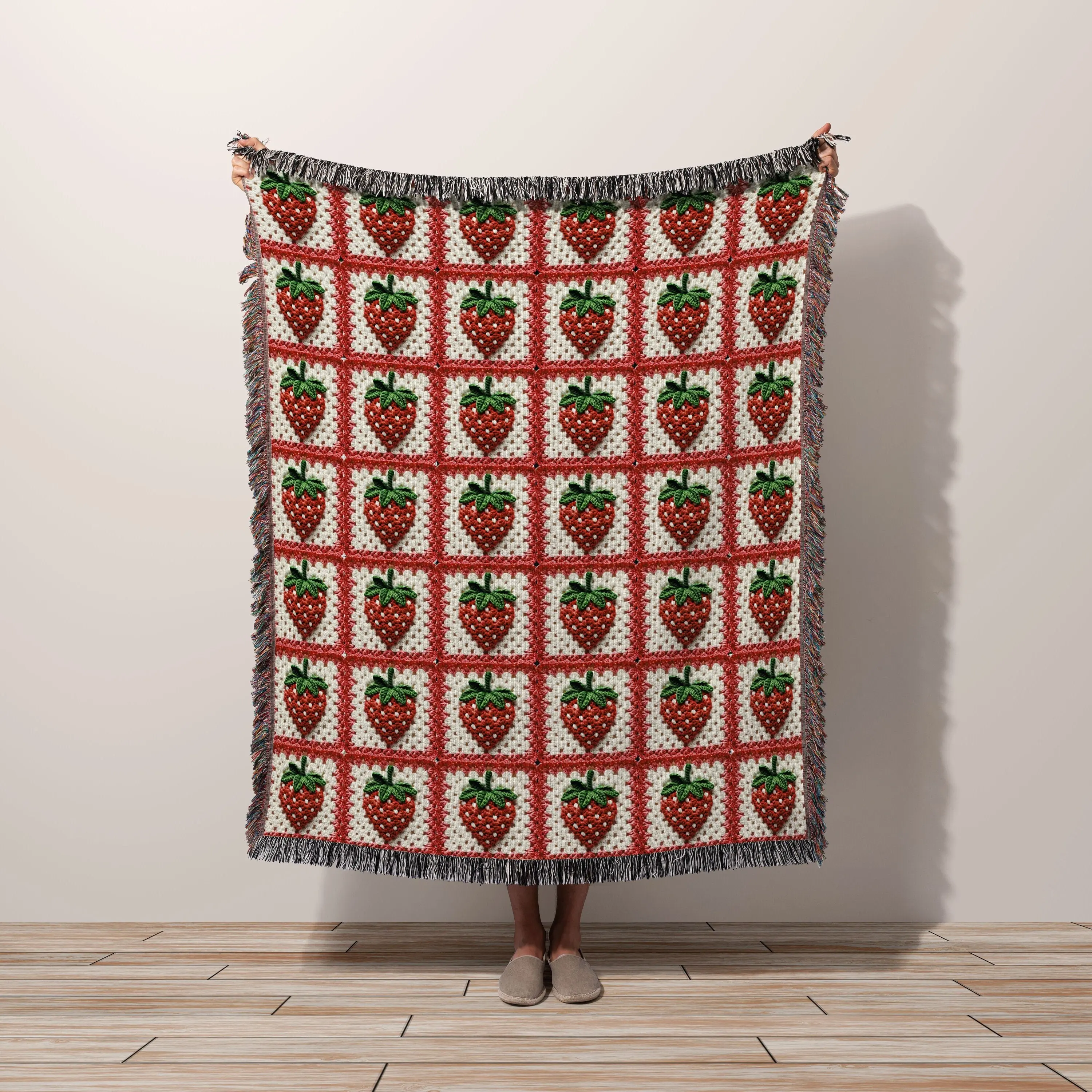 Granny Square Strawberry Blanket Cotton Woven Throw Blanket | Cottagecore Room Decor Idea Gift Coquette Aesthetic Wall Art Tapestry Berries