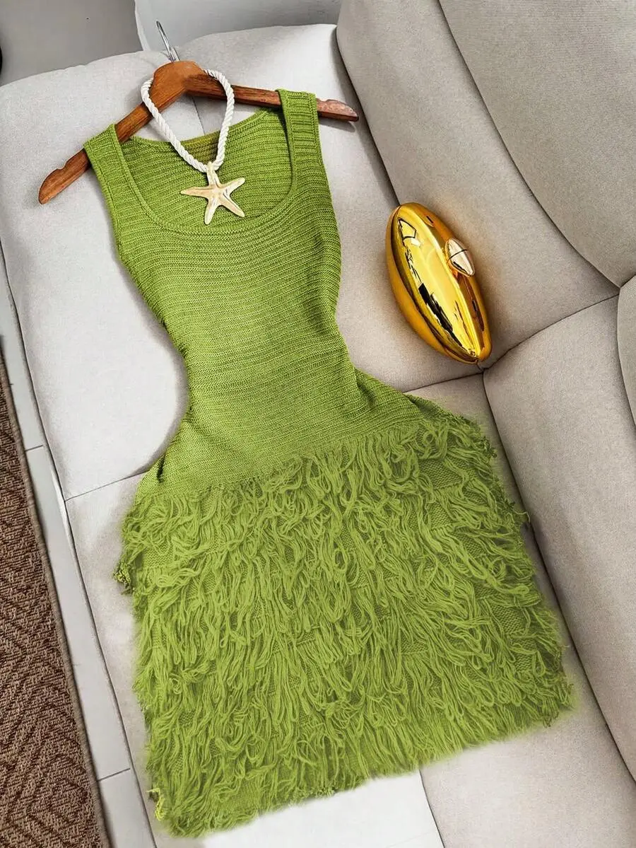 Women's Fashionable Elegant Casual Party Vacation Style Green Tassel Design Sleeveless Square Neck Knit Dress, Summer Spring