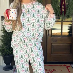 Women Christmas Loungewear Set Tree Bow Print Two Piece Pajamas Long Sleeve Top and Joggers Soft Cozy Outfit