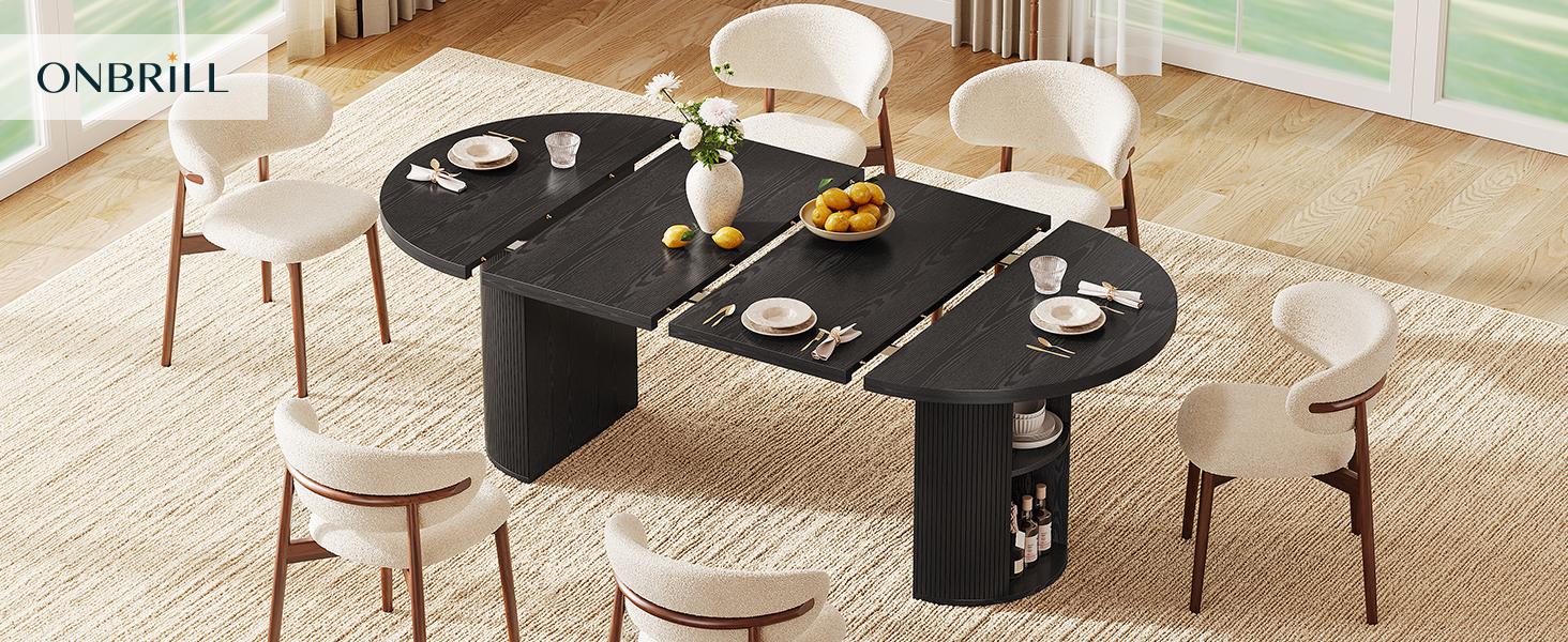 【BackToSchool】ONBRILL 41-78 Inch Extendable Dining Table for 4-8, Gorgeous Fluted Expandable Kitchen Table with Storage, 2 Leaf, Mid Century Modern Oval Dinner Tables for Dining Room, Kitchen, Living Room BackToSchool