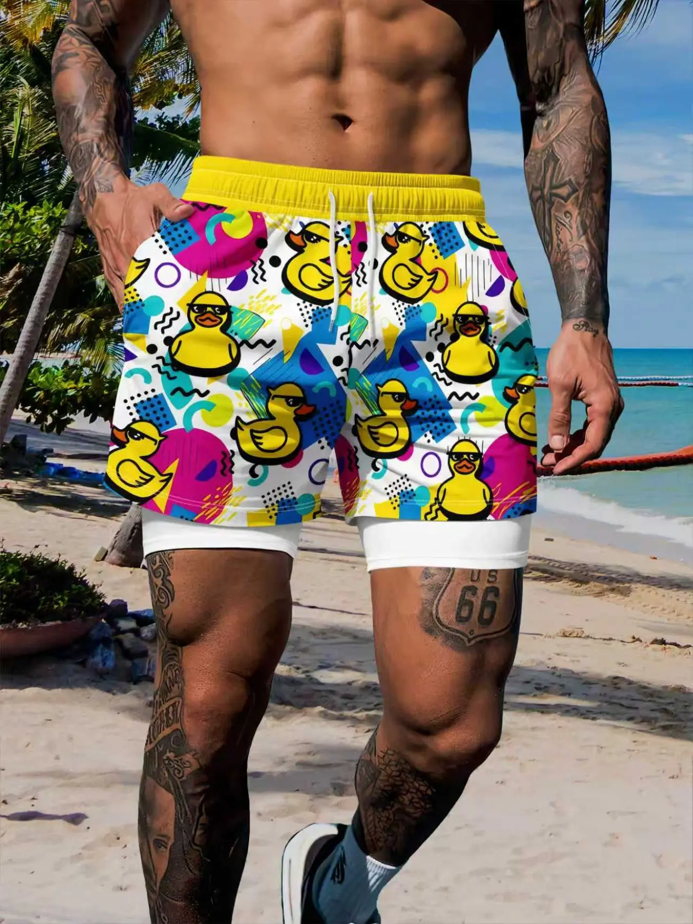 Men's Double-Layer Duck Print Beach Shorts, Quick-Dry Drawstring Waist, Compression Lining, Summer Beach/gym Wear, Casual Loose-Fit, Drawstring Swim Shorts, Quick Dry Trunks, Swimwear Shorts, Swimming Shorts, Bathing Shorts, Swimsuit Shorts