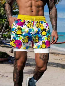 Men's Double-Layer Duck Print Beach Shorts, Quick-Dry Drawstring Waist, Compression Lining, Summer Beach/gym Wear, Casual Loose Fit