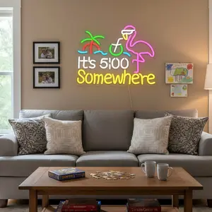 "5 O'Clock Somewhere" Decorative Neon Light - USB-Powered Plug-and-Play Indoor LED Wall Decor, Vibrant Whimsical Letter-Shaped Neon-Lit Illuminated Novelty Lighting for Bar Ambiance summerwins,summerwins