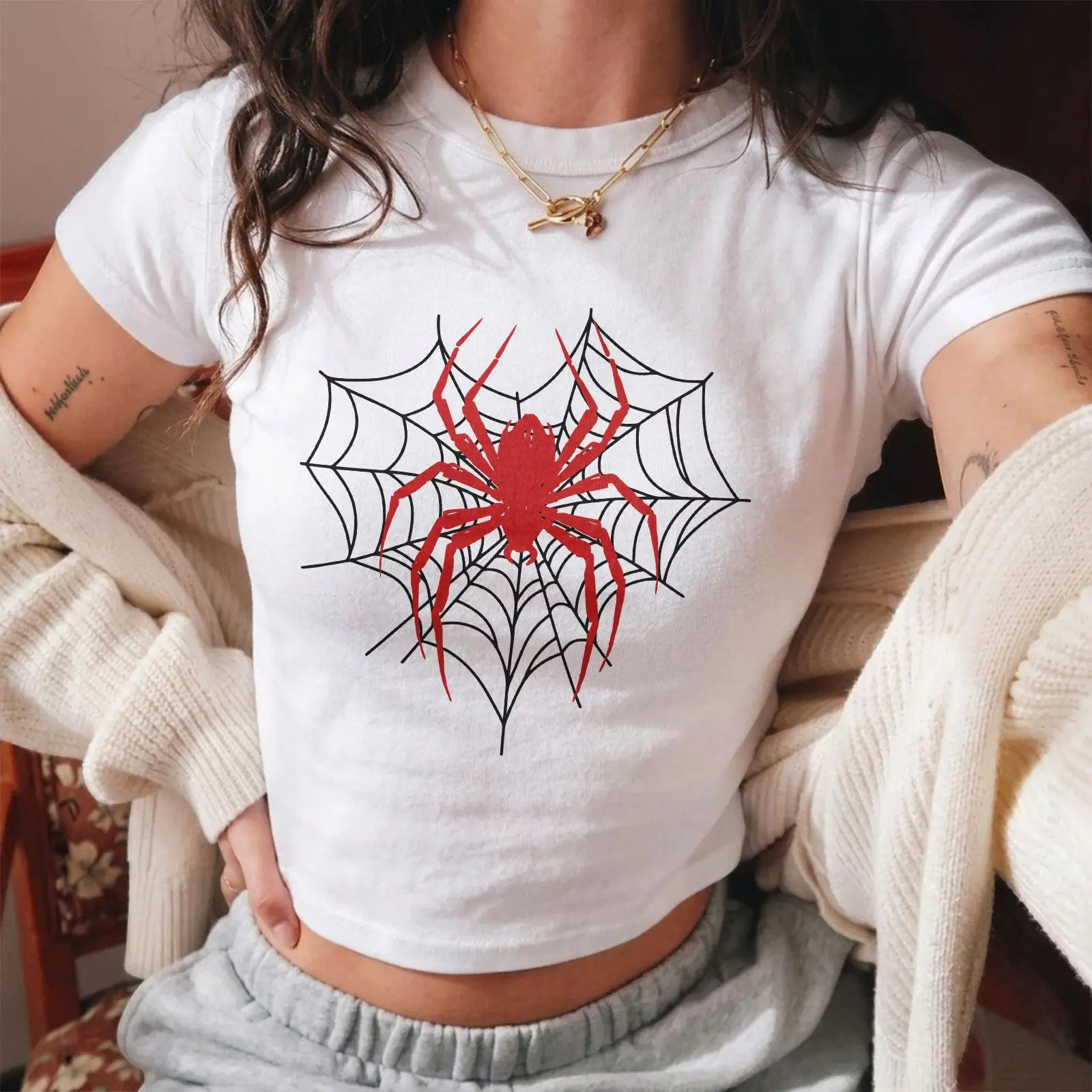Red Spidey Web Graphic Baby Tee, Y2K Spidey Shirt, Gothic Aesthetic Crop Top, Edgy Halloween Spidey Tee for Women, Alternative Grunge Graphic T Shirt