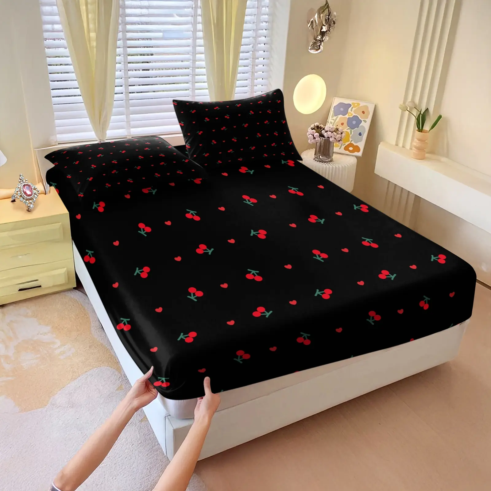 cartoon cherry print, bedsheet sets, Cartoon Printed Bedding, Bright prints fitted sheet set, Includes 1 Fitted Sheet & 2 Pillowcases, color contrast, for home decoration, Multiple styles, Suitable for gifting or personal use, Bedding Supplies