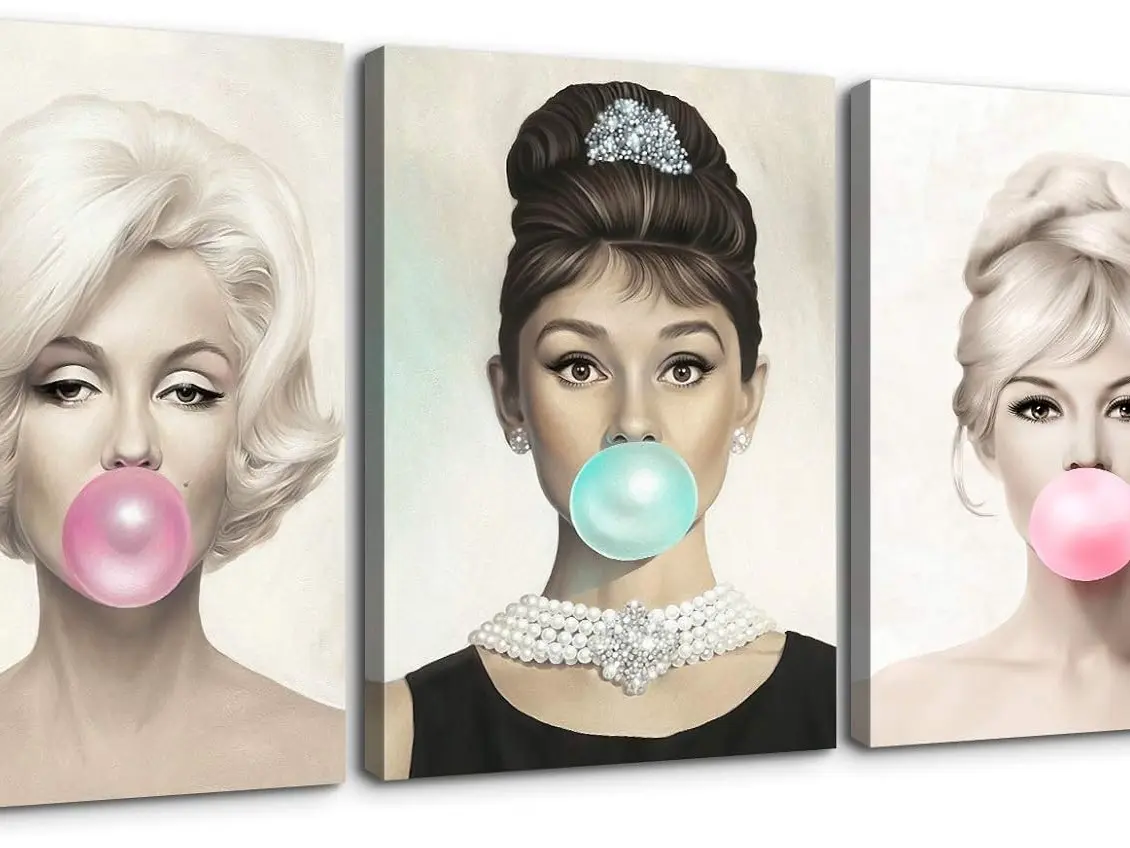 3 Panel Beauty Portrait Canvas Wall Art,Marilyn Monroe,Audrey Hepburn and Brigitte Bardot with Colorful Bubble Gum Picture Prints Wall Decor, Idol...