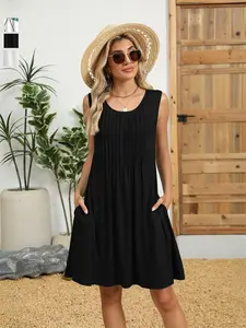 Women's Summer Sleeveless Geometric Print Dress, Loose-Fitting Knee Length with Pockets, Contemporary Style Outerwear