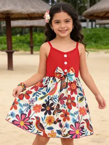 Girls' Summer Bohemian Floral Halter Dress, Striped Patchwork Bird Print, 2026 New Casual Beach Dress, Lightweight Breathable Comfort