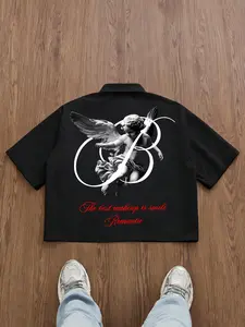 Men's Gothic Angel Style Cuban Collar Shirt, Short Sleeve Top, Casual Streetwear Tops, Geometric Print, Breathable, Streetwear, Fashion, Summer Casual
