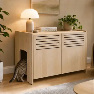 Littleox Modern Wooden Cat Litter Box Enclosure | Hidden Spacious Cat House with Built-in Scratching Pad
