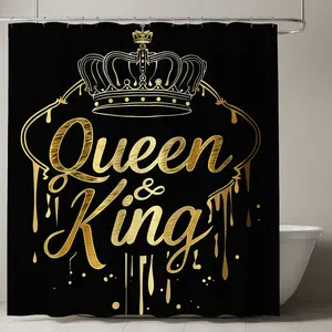 Luxurious Shower Curtain with Design, Queen & King Cursive, Crown Illustration, Ideal for Regal Bathroom Decor