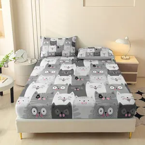 3-Piece Cartoon Cat Printed Bed Sheet Set, Queen Mattress Cover, Double Mattress Protective Cover, King Queen Style Bedding Set, Polyester Machine Washable, Bedroom And Guest Room, Birthday Gift (1 Bed Sheet+2 Pillowcases, Coreless)