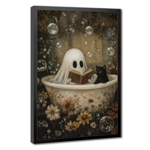 Cute Ghost Reading Book Canvas Wall Art, Cozy Spooky Halloween Decor, Black Cat in Floral Bathtub Painting, Gothic Cottagecore Wall Decor for Bedroom, Bathroom & Living Room