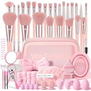 63-Piece Pink Makeup Brush Kit, Makeup Brushes Set, Multifunctional Brushes with Storage Bag, Makeup Sponges, Puffs, Eye Makeup Tools, Headband & Wristbands, Mirror, Makeup Brush Cleaner Bowl, Cleaning Sponge, For Daily Makeup Use