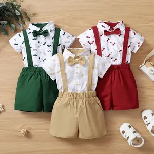 Boys' Short-Sleeve Set Children's Solid-Color Beard-Print Suspenders with Bow Tie Little Gentleman Three-Piece Set Infant & Kids' Clothing