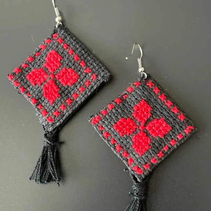Handmade Palestinian Tatreez Earrings – Made in Palestine Balata Camp Women Red Floral Cross-Stitch with Tassels