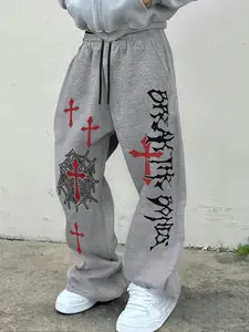 Men's Y2K Wide Leg Pants, Cross Spider Web Graphic Print, Gothic Street Style Long Trousers, Unisex Casual Daily Wear