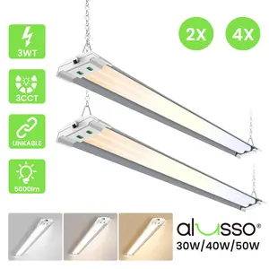 ALUSSO 4FT LED Shop Lights with Reflector, 5000LM Super Bright, Dimmable 30W/40W/50W, Adjustable 3000K/4000K/5000K Color Temperature, 120V, Warm to Cool Daylight, Linkable Shop Lights for Workshop & Basement