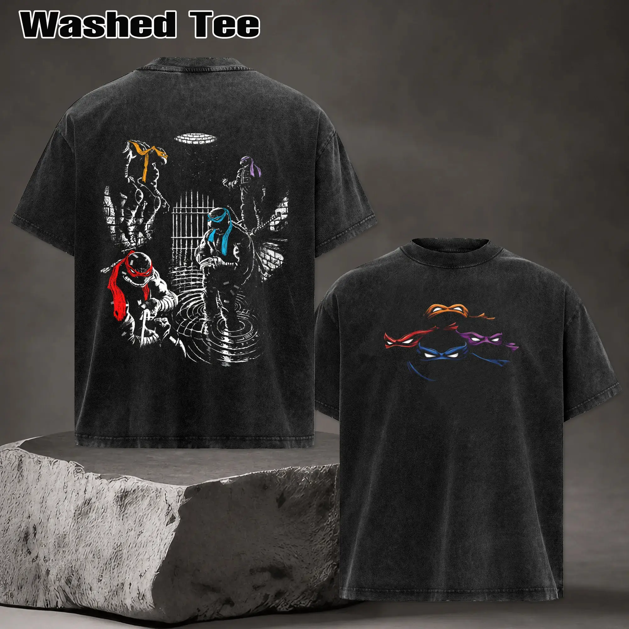 Vintage Washed Heavy Cotton TMNT Graphic Tee Double Sided Teenage Mutant Ninja Turtles Streetwear T-Shirt Casual Unisex 90s Retro Oversized Top Classic Movie Fan Merch Short Sleeve Shirts Ultimate Gift For Adult And Teen Pop Culture Fans Daily Gym Fit