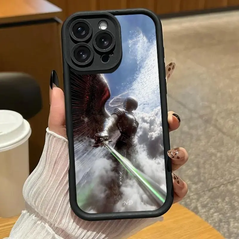 Cloud-themed armored angel warrior phone case. Compatible with iPhone 17 Pro Max/16 Pro Max/15 Plus/14/13/12/11, TPU soft case. Compatible with Galaxy S26 Ultra/S25 Plus/S24/S23, Dopamine color. Compatible with Galaxy A54/A53/A33/A15.