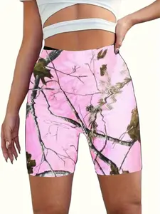 Plus-size women's high-waisted yoga shorts with a tree branch camouflage pattern, suitable for gym, training, sports, and casual wear, made from high-quality comfortable elastic fabric, suitable for all seasons