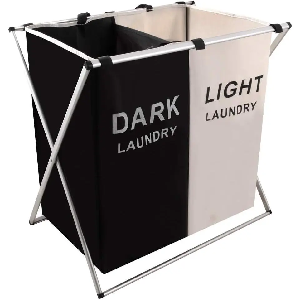 Laundry Basket 2 Section Hamper Washing Storage Basket Bag, Folding Hamper Waterproof & Aluminum X-Frame, Cloth Organizer Durable Laundry Basket for Bathroom Home with Carrying Handle