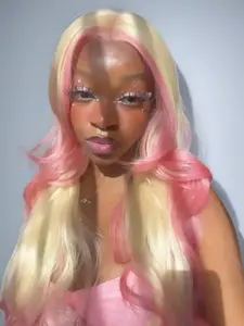 28 Inch Pink & Blonde Long Wavy for Women, 13x4 Glueless Synthetic Lace Front Wigs Highlights Gorgeous Fluffy Wigs without Bangs, Synthetic Lace Front Wigs for Party, Daily Use, Glueless Beginner Wig