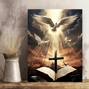 2D Flat, 1pc of Painting Featuring a Cross And Dove Religious Art Canvas, Stylish And Affordable Poster, Vibrant Wall Art Decoration for WC, Living Room, Bedroom, Office, Restaurant, And Bar Wall Decor, Painting, Print, Artwork