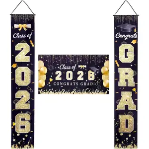 3Pcs Black and Gold Graduation Decorations Class of 2026 Congrats Grad Class of 2026 Porch Sign Banner and Backdrop 2026 Graduation Decorations for High School College Grad Party Decor