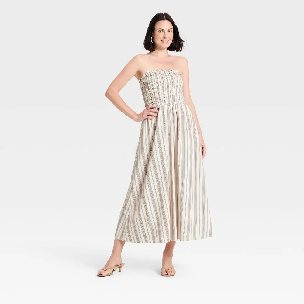 Women's Smocked Maxi Dress - A New Day Beige XS
