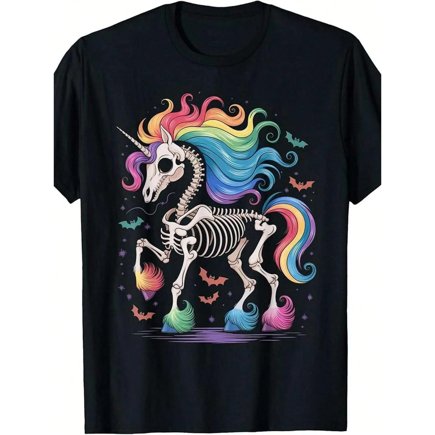 Vintage Unicorn Tee] 100% Cotton Men's Vintage-Inspired Unicorn Skeleton Rainbow Graphic Tee  Short Sleeve.Crew Neck.180g.Colorful Halloween Casual Wear.Machine Washable.Unicorn Gi graphic tees men crop tops summer outfits for men summer tops T-Shirt