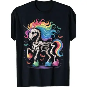 Vintage Unicorn Tee] 100% Cotton Men's Vintage-Inspired Unicorn Skeleton Rainbow Graphic Tee  Short Sleeve.Crew Neck.180g.Colorful Halloween Casual Wear.Machine Washable.Unicorn Gi graphic tees men crop tops summer outfits for men summer tops T-Shirt