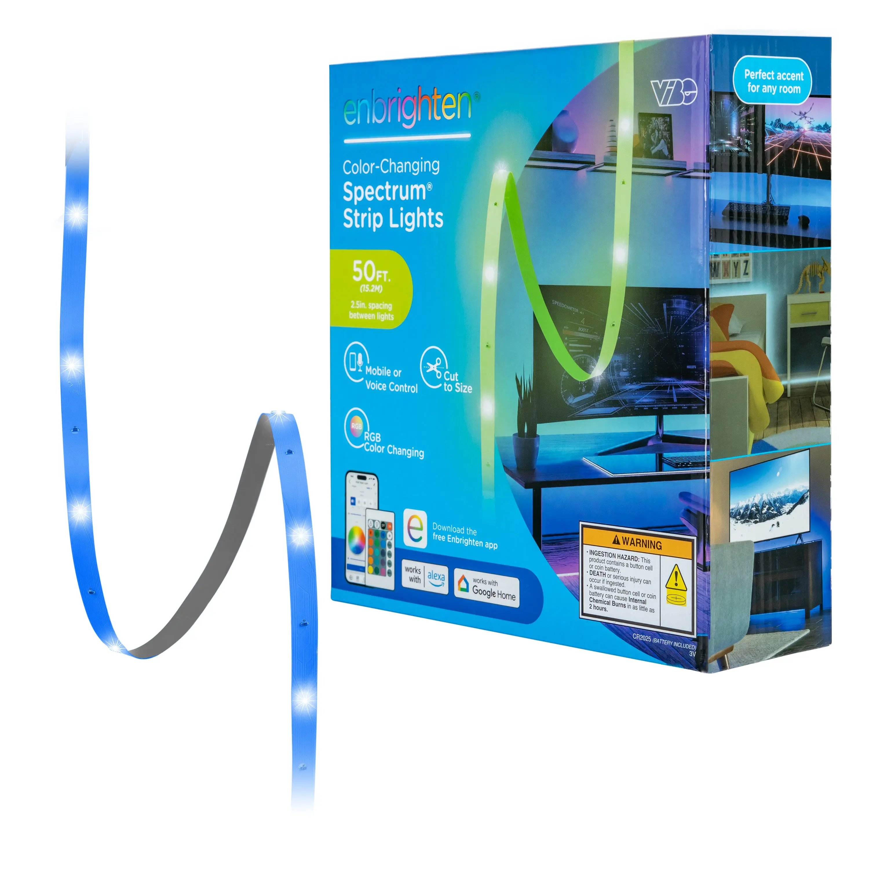 Enbrighten VIBE WiFi Spectrum Indoor Color-Changing LED Strip Lights, 50ft.