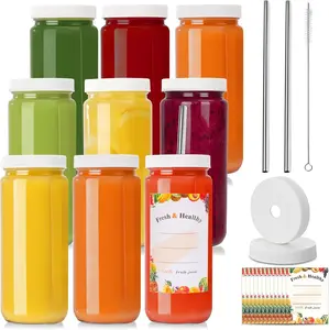 9 Pack 16oz Glass Juice Bottles with Lids, Reusable Glass Juicing Bottles Beverages Drinking Jars with Tamper-proof White Caps