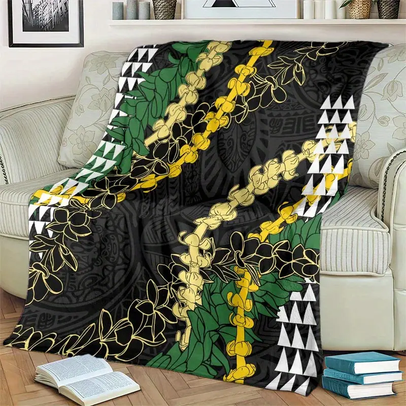 Hawaiian Plush Throw Blanket - Soft Flannel All-Season Geometric Tropical Floral & Chain Pattern in Black/Green/Golden/White - Machine Washable Couch Bedspread for Living Room, Bedroom Decor - Luxury Home Gift, Blanket for Bed