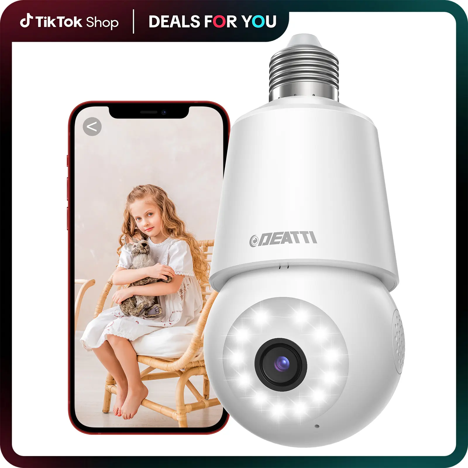 Deatti 4MP Light Bulb Security Camera - U.S. Patent Holder, Wireless WiFi Monitor, 4-Color Vision, Siren Alarm, Motion Detection, 2 Speakers, Multi-User Sharing, Alexa Compatible, 4-Year Manufacturer Warranty