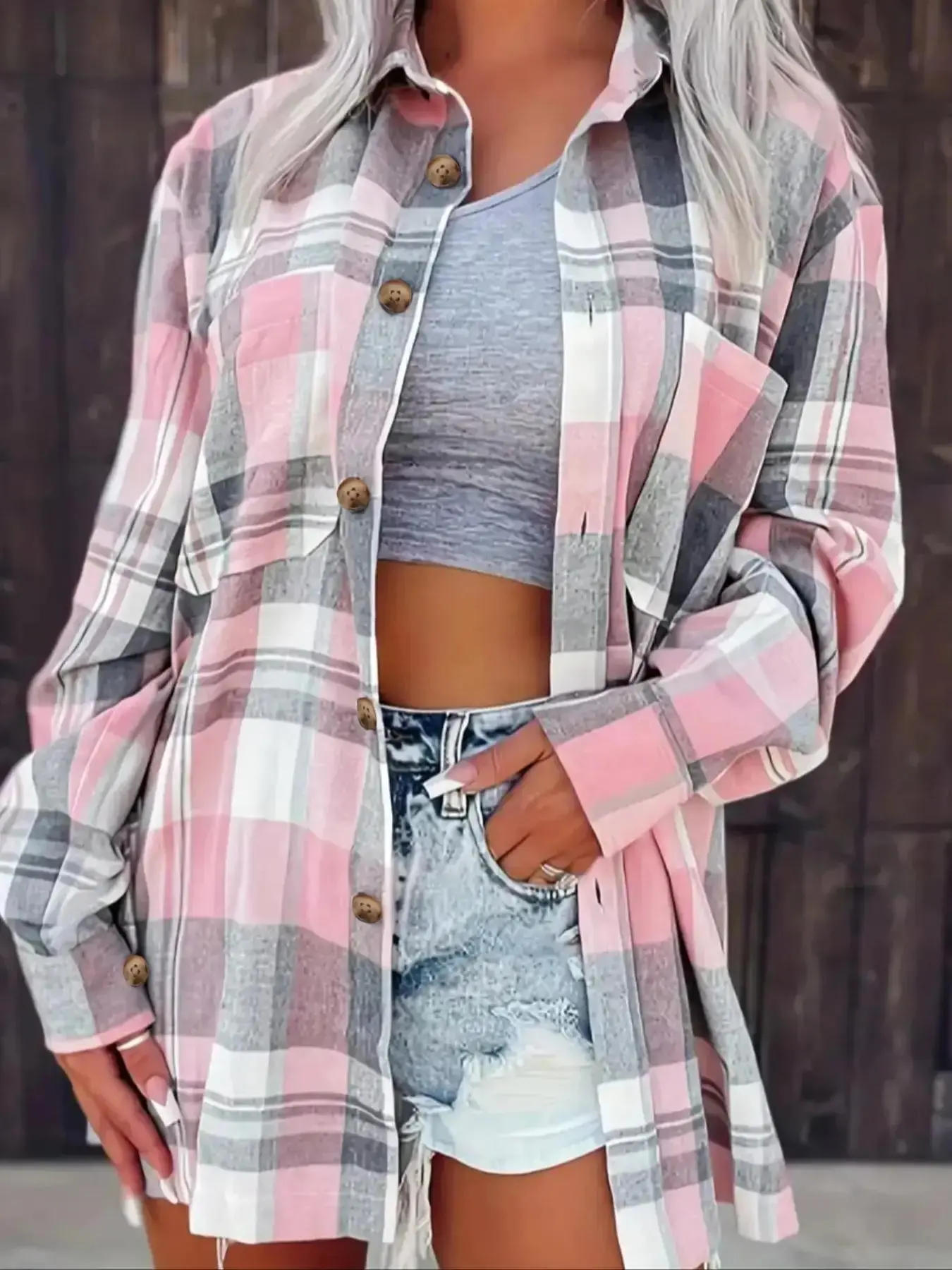 Women's Plaid Print Collared Button Front Drop Shoulder Button Up Shirt Blouse, Casual Long Sleeve Pocket Top for Spring & Fall, Women's Clothes, Button Decor Shirts, Blouses Shirts Tops