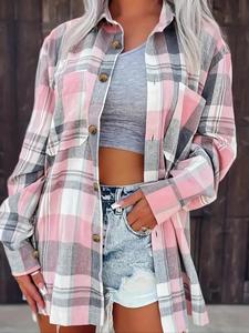 women's plaid print button front drop shoulder collared shirt for spring & fall, comfort casual chic minimalist longsleeves womenswear, collar pocket top, lady blouse, clothes for women, trending clothing women