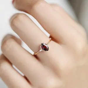 Natural Garnet Ring, Dainty Red Ruby Ring with diamond