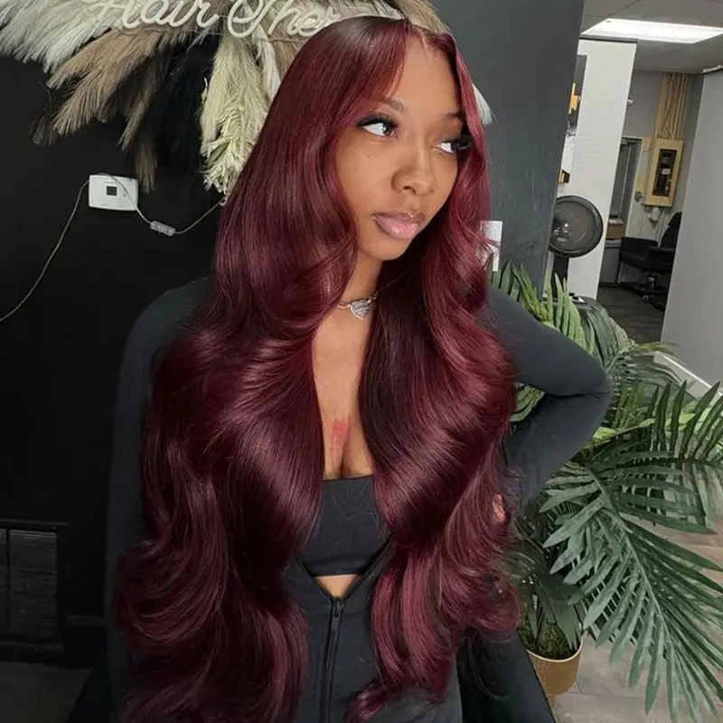 Dark 99J Burgundy Colored Human Hair Body Wave 13x4 Lace Frontal Wig Human Hair Wigs 180% Density Transparent Lace Frontal Pre Plucked Natural Hairline for Women