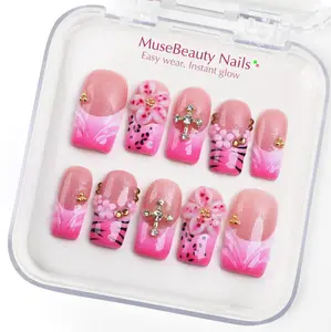 Pink Halo Bloom | SPRING PETAL Collection – Soft Glow Floral Design, Handmade Reusable Press-On Nails