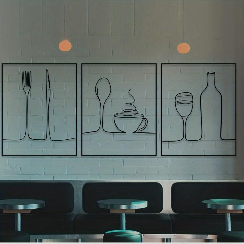 Modern Metal Wall Art Kitchen Decor, Fork Spoon Coffee Cup Wine Glass Set, Ideal for Home Bar Cafe, Indoor Hanging Modern Wall Decoration