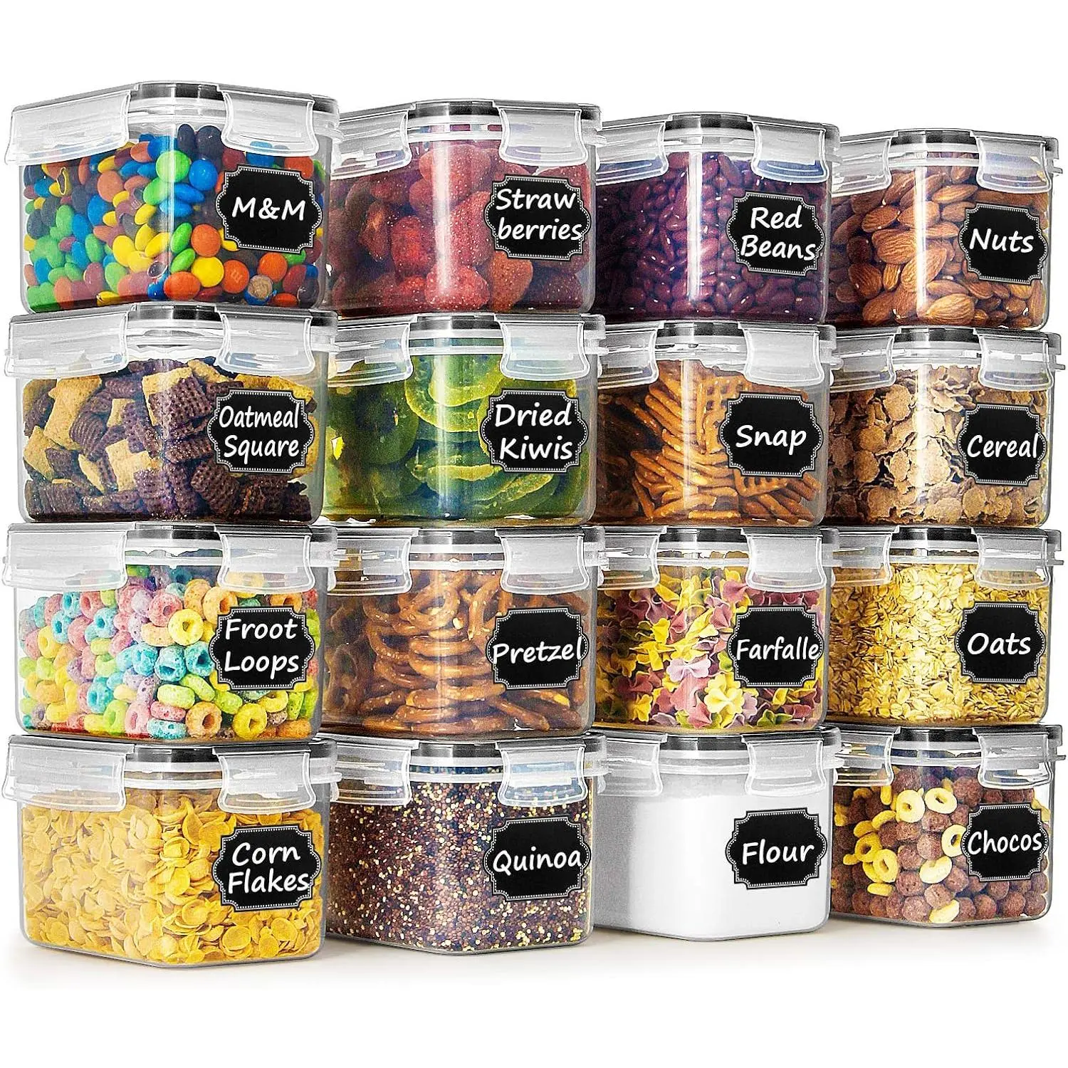 Stackable Airtight Cereal & Dry Food Storage Container Set (16 Pcs, 0.8L/3.38 Cups) - BPA-Free, Leak-Proof Kitchen Plastic Containers for Sugar, Flour, Baking Supplies, with 20 Labels & 1 Marker